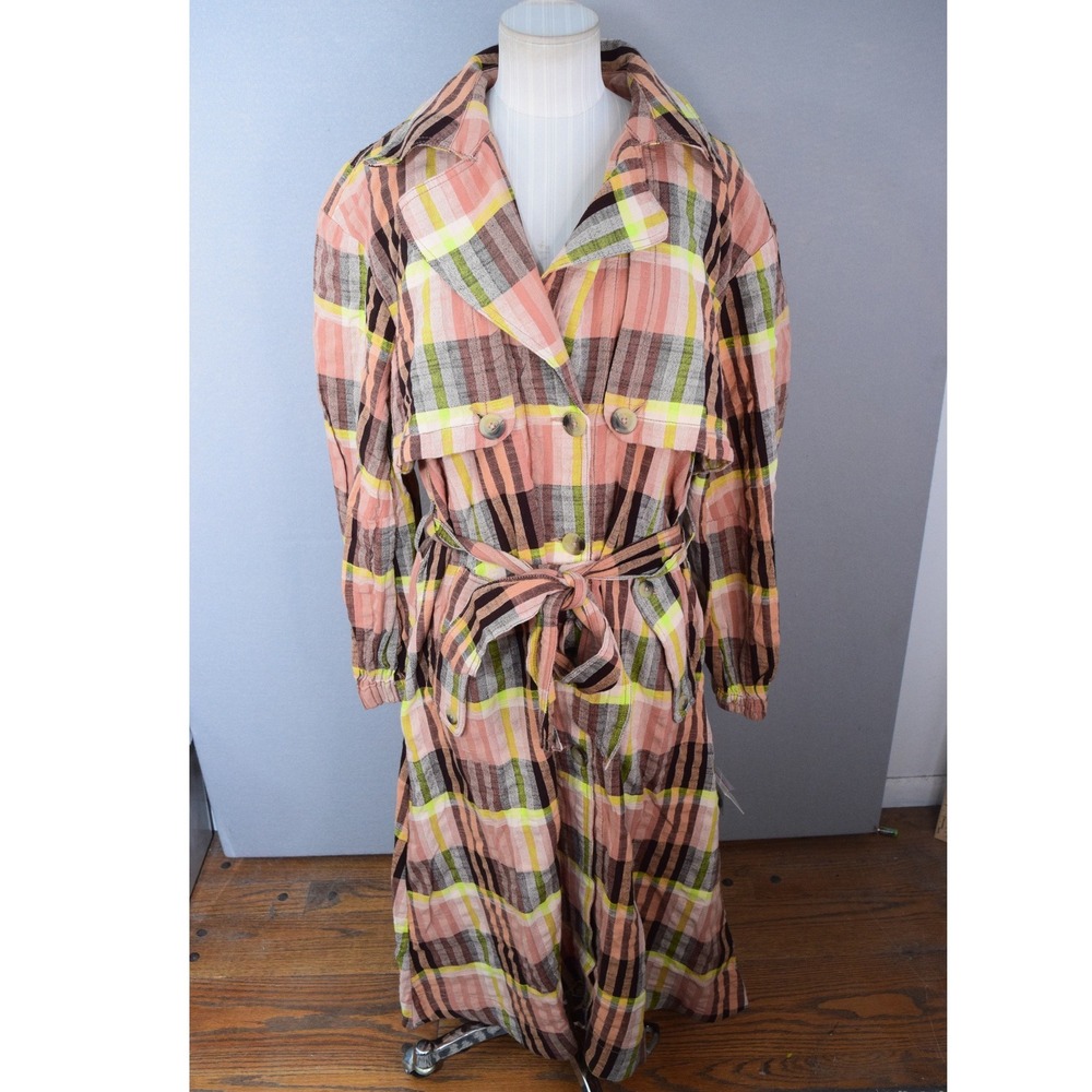 We The Free People Bliss Maxi Trench Coat S Pink Brown Plaid Duster New